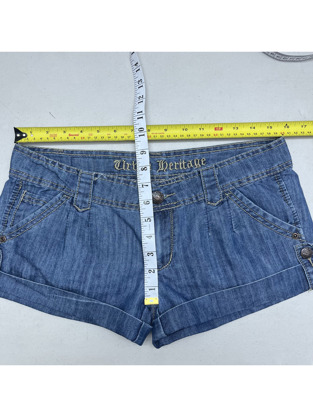 Y2K Urban Heritage Sz 7 Blue Denim Low Rise Cuffed Mini Shorts Grunge Punk 2000s - Picture 5 of 6